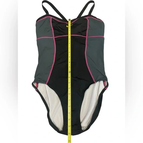 Nike Women's Crossback Black and Gray One-Piece Swimsuit with Pink Trim - Picture 3 of 4